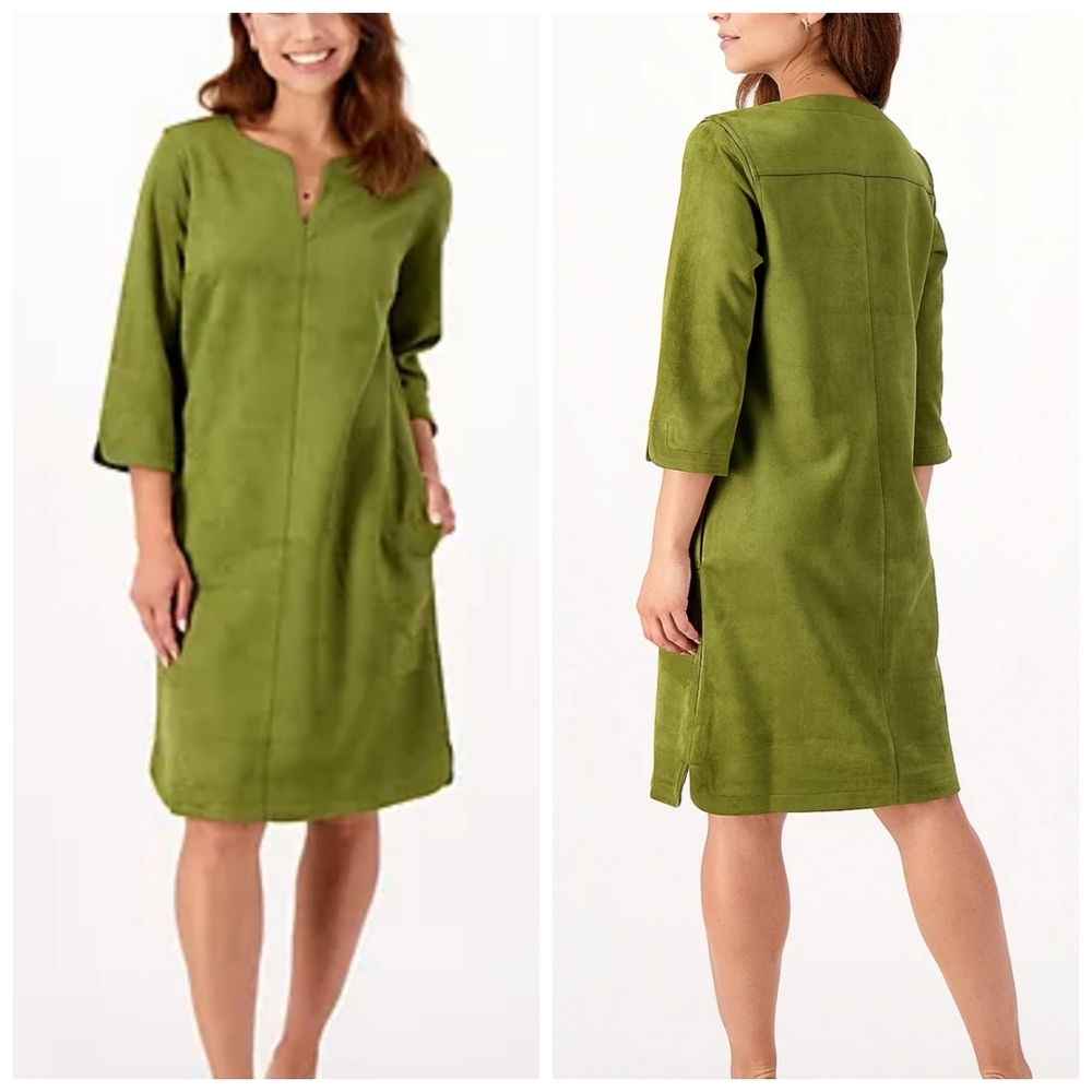 Isaac Mizrahi Live! Bridgehampton Faux Suede Shift Dress green pockets S tall ST